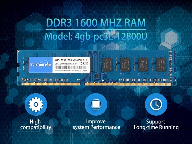 TECMIYO 4GB 8GB Desktop Memoria Ram DDR3 DDR3L 1600MHz 1333MHz PC3-12800U PC3-10600 DIMM 1.5V 1.35V 2RX8 Non-ECC Memory - Blue