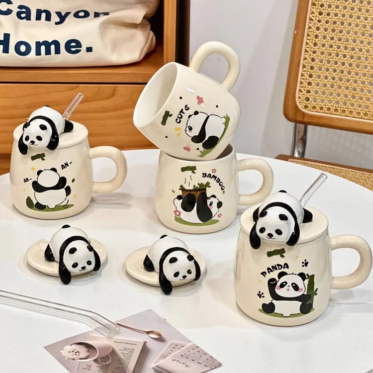 420ml Cute cartoon panda Mug Ceramic Hand-painted Pattern Mug with Lid Spoon Coffee mugs Milk Tea Mugs Breakfast Cup Gift Cup