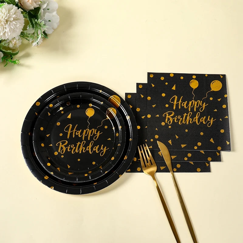 Happy Birthday Black Gold Disposable Tableware Birthday Party Decoration Adult Birthday Anniversary Supplies Paper Plate Napkins