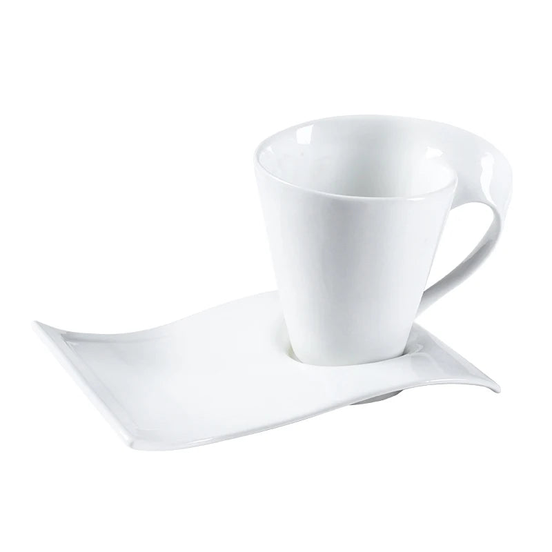 European Wave Porcelain Coffee Cup and Saucer Set White Ceramic Coffee Cup Breakfast Cup with Saucer Modern Home Decoration