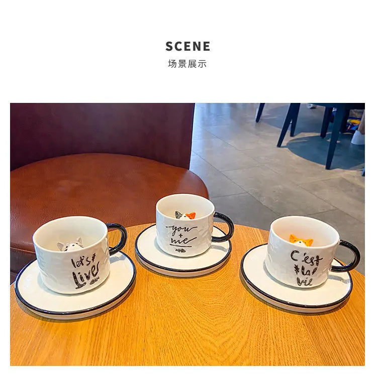 Creative Cartoon Relief Ceramic Cup Animal Inside Mug Kitty Cat Coffee Cup Milk Coffee Mug with Tray