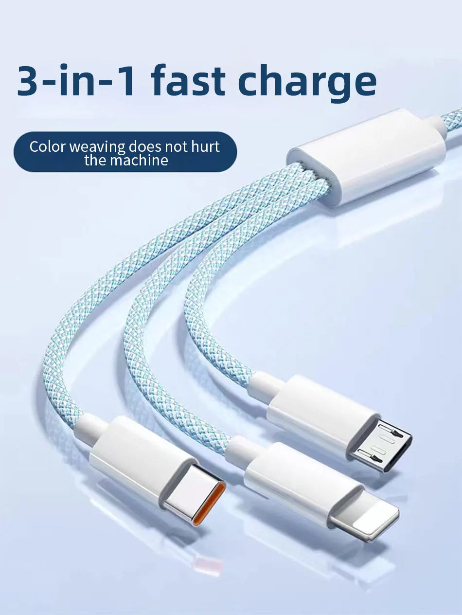 66W 3 In 1 Fast Charging Cable 6A Micro USB Type C Data Cable For Xiaomi Super Fast Charger Nylon Braid Cable 1.2M/2M/3M
