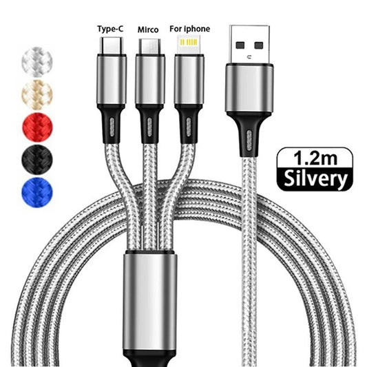 3 In 1 USB Charger Fast Charging Cable Type C Micro LIGHTNING Multi Charger Cable for iPhone Huawei Samsung Nylon Braided Cord