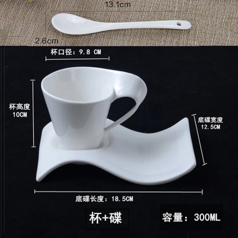 European Wave Porcelain Coffee Cup and Saucer Set White Ceramic Coffee Cup Breakfast Cup with Saucer Modern Home Decoration