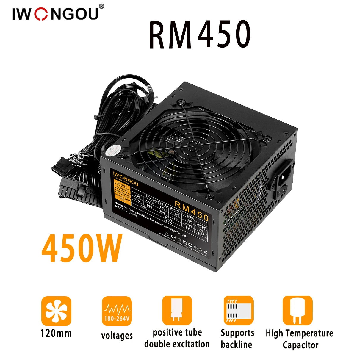 IWONGOU PC Power Supply Unit 500W 600W 750W Black Gaming Quiet 120MM 24pin 12V ATX Desktop Computer Power Supply for BTC