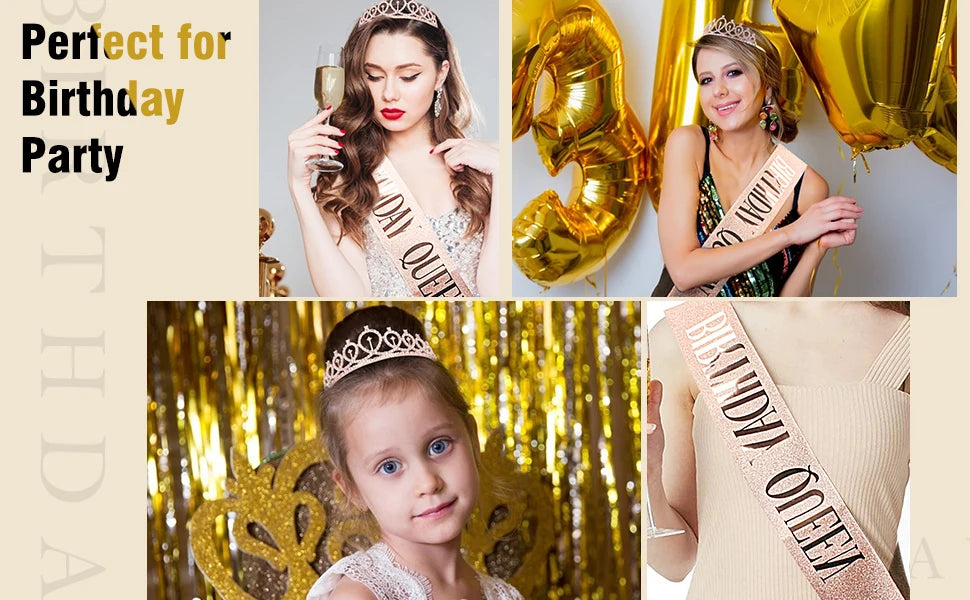 3 4 5 6 7 8 9 Rhinestone Crystal Crown Tiara Birthday Anniversary Decoration Happy Birthday Satin Sash Party Supplies
