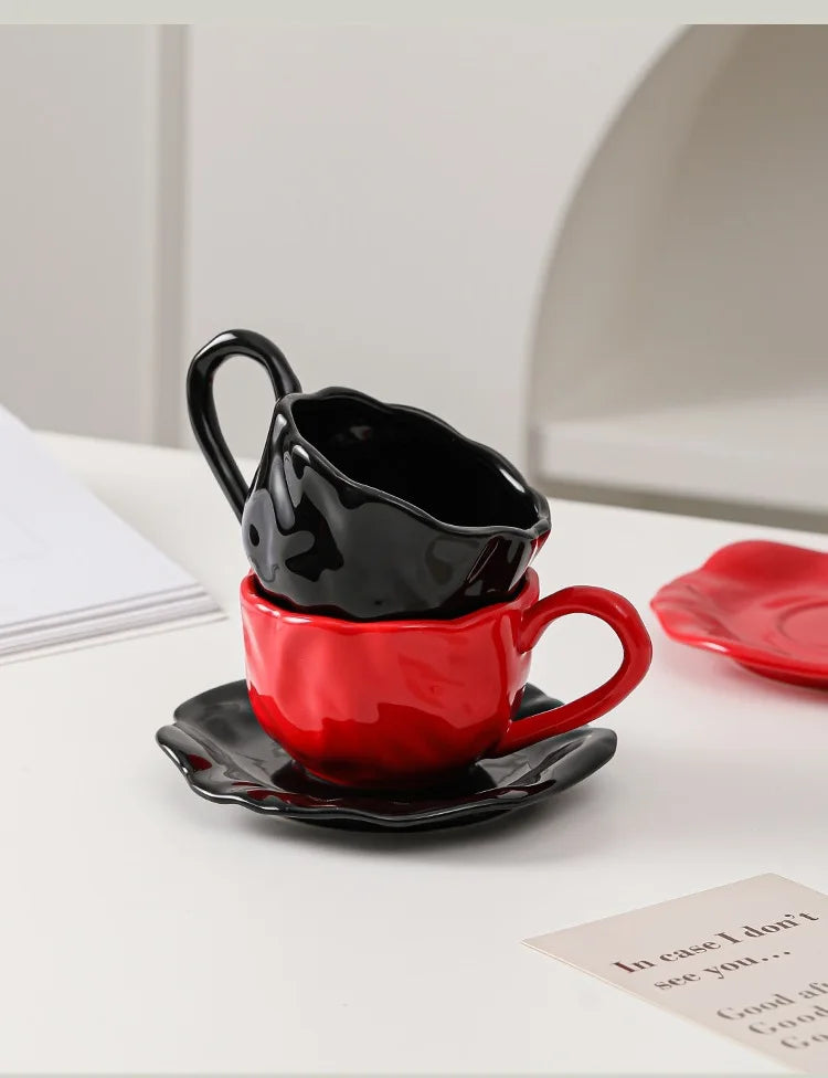 200ml Black Red Macaroon Creative Hand Squeezed Pinched Ceramic Coffee Mug Cup With Saucer For Cafe Restaurant Table Decor 1 PC