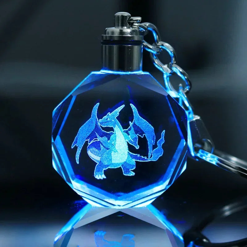 Pokemon Pikachu 3D Luminous Keychain Charizard Mewtwo Figures Toy Crystal Doll Night Light Metal Pendant Kid Birthday Gift