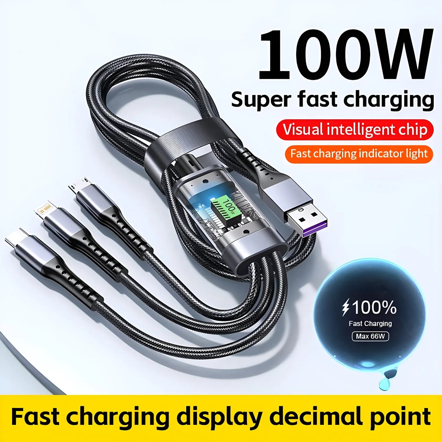 Transparent LED Light Fast Charge 100w 3 In 1 Data Cable Mobile Phone Charging 1.2M Cable For Type-c Android