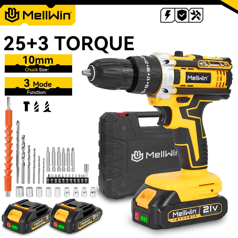 MELLWIN 25+3 Torque Electric Impact Drill 2 Speed Adjustable Cordless Electric Screwdriver Power Tool For Makita 18V Battery Pin