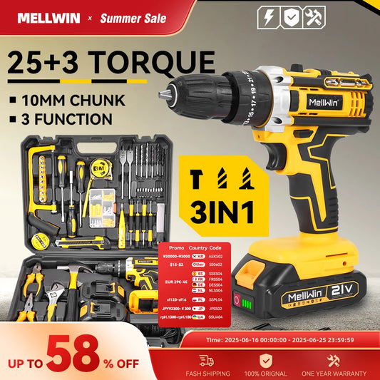 MELLWIN 25+3 Torque Electric Impact Drill 2 Speed Adjustable Cordless Electric Screwdriver Power Tool For Makita 18V Battery Pin