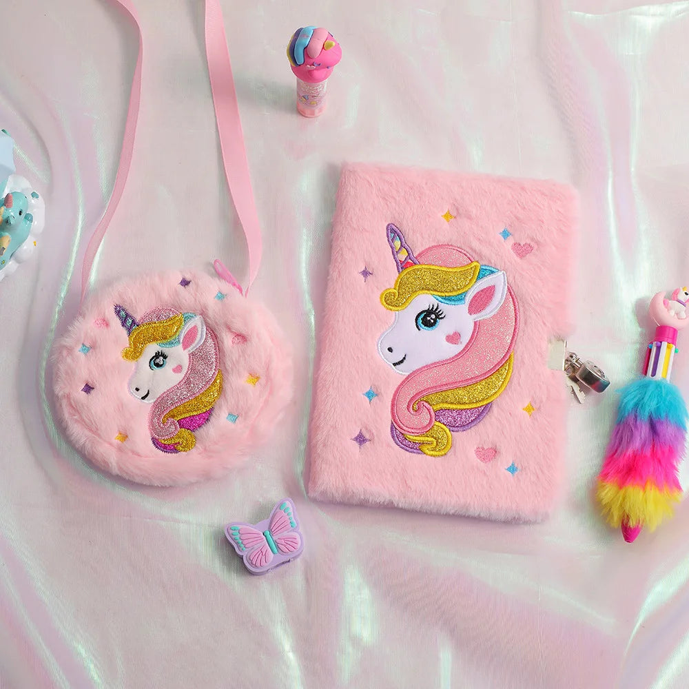 2 PC Cartoon Unicorn Crossbody Bag Children Cute PlushShoulder Bag Girls Small Backpack Suitable For School Holiday Gifts