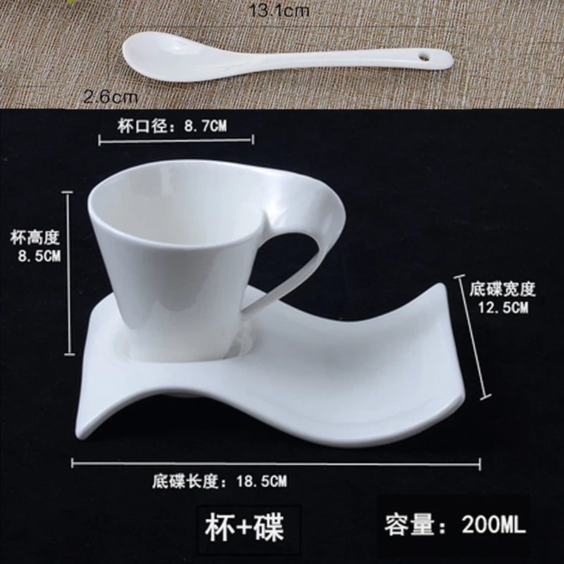 European Wave Porcelain Coffee Cup and Saucer Set White Ceramic Coffee Cup Breakfast Cup with Saucer Modern Home Decoration