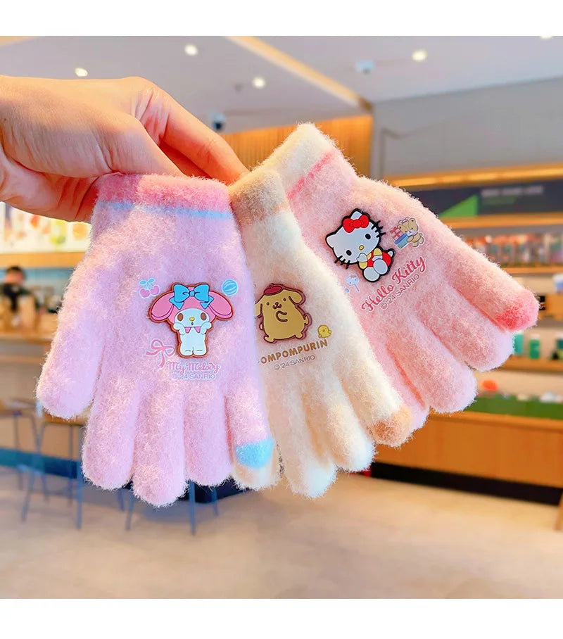 Sanrio Gloves Kawaii My Melody Kuromi Cold-Proof Winter Finger Gloves Plush Screen Touch Warm Children Toddler Christmas Gifts
