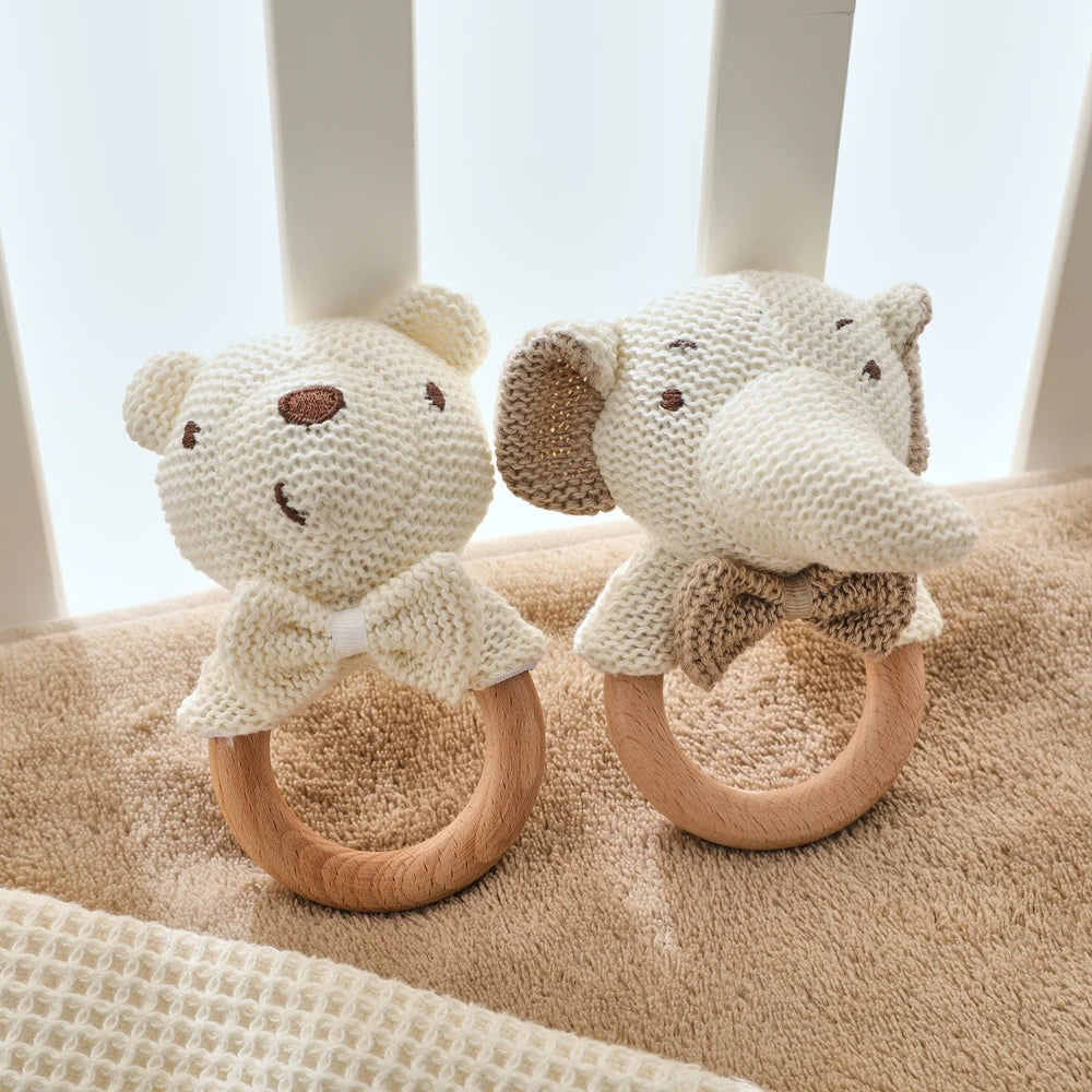 Baby Rattle Toys Cute Bear Crochet Animal Toys Cartoon Wooden Teether Baby Mobile Crib Product Wooden Newborn Rattle Toys