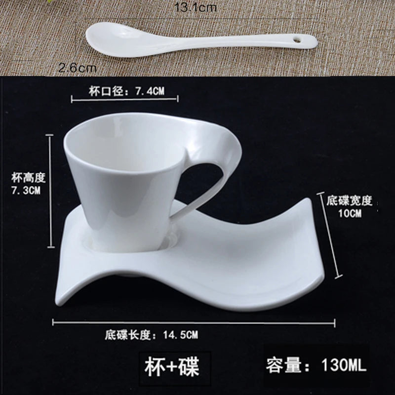 European Wave Porcelain Coffee Cup and Saucer Set White Ceramic Coffee Cup Breakfast Cup with Saucer Modern Home Decoration