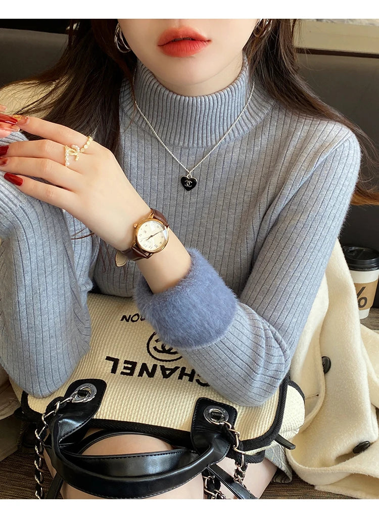 Women's Turtleneck Sweater Winter 2025 Retro Red with Velvet Lining Thickened Inner Wear Thermal Knitting Bottoming Shirt