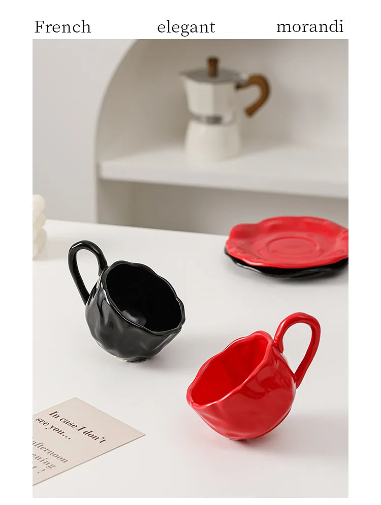 200ml Black Red Macaroon Creative Hand Squeezed Pinched Ceramic Coffee Mug Cup With Saucer For Cafe Restaurant Table Decor 1 PC