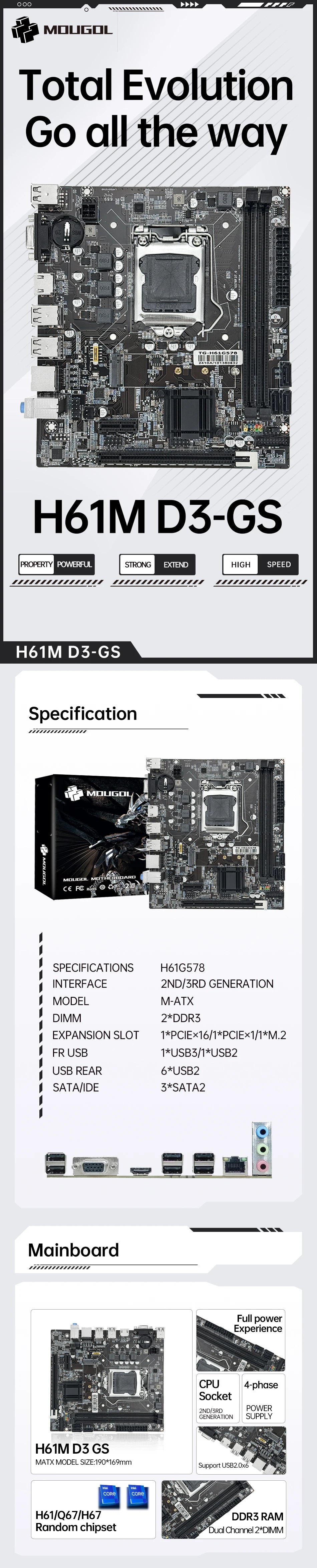 MOUGOL H61M Gaming Motherboard M.2 NVME PCIEx16 DVI Supports Dual-channel DDR3 RAM Intel Core 2/3 Gen CPU LGA1155 for Desktop PC