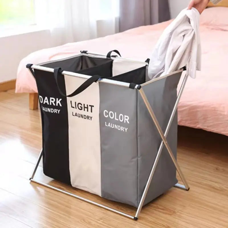 1 PC Large Laundry Hamper 3 Sections Divided Laundry Basket Foldable Washing Dirty Cloth Storage Bag