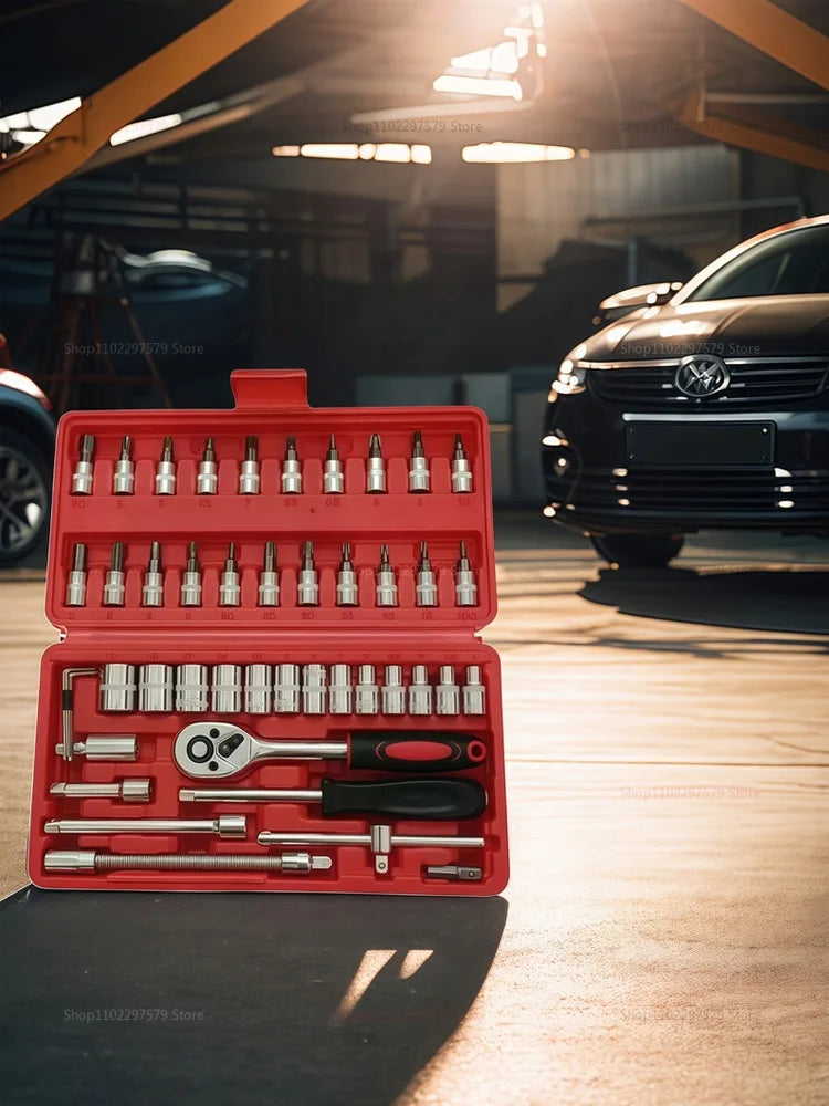 46pcs/Set Socket Wrench Diy Repair Tool Kit Ratchet Screwdriver for Car Repair Hardware Toolbox for Auto Repairing and Household