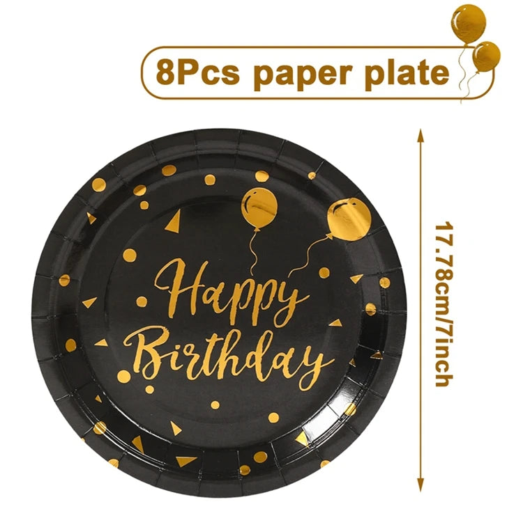 Happy Birthday Black Gold Disposable Tableware Birthday Party Decoration Adult Birthday Anniversary Supplies Paper Plate Napkins