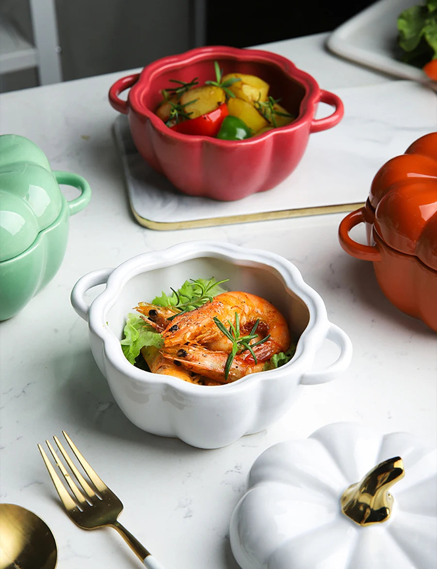 Pumpkin Shape Bowl With Lid Ceramic Soup Salad Cereal Bowl Bakeware Oven Baking Pan Kitchen Halloween Party Festival Decoration