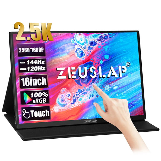ZEUSLAP 16" 2.5K 144hz Touch Screen Portable Monitor 2560*1600 100%sRGB 500Cd/m² Travel Display for Laptop Computer