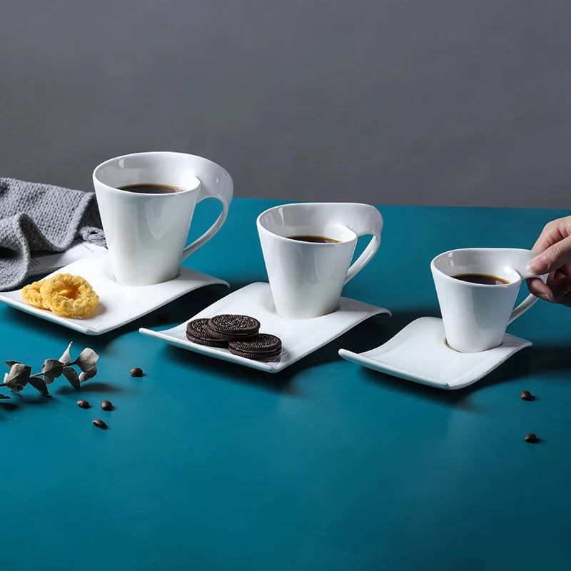 European Wave Porcelain Coffee Cup and Saucer Set White Ceramic Coffee Cup Breakfast Cup with Saucer Modern Home Decoration