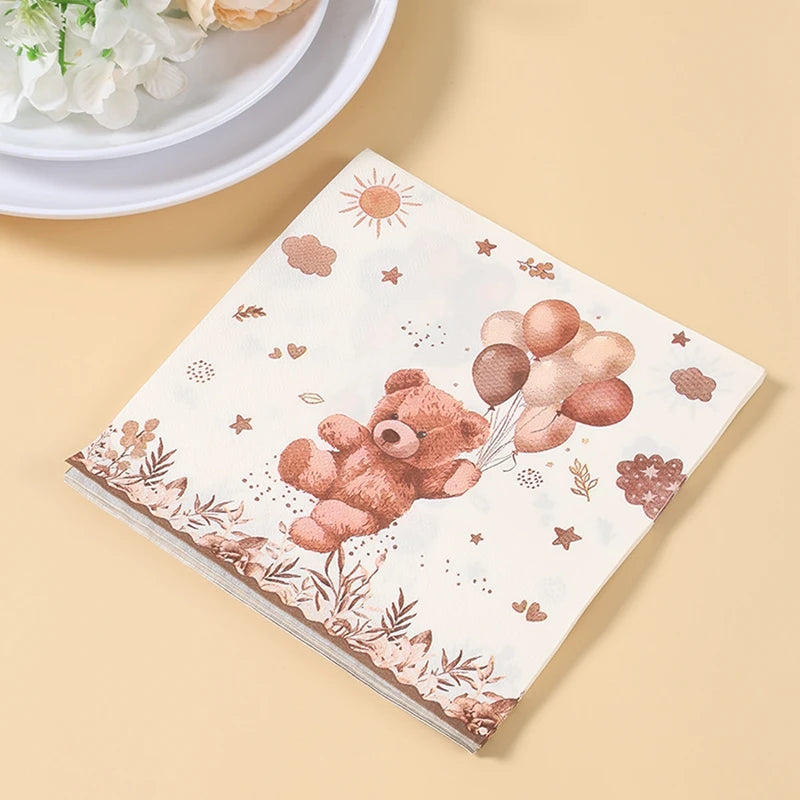 20/24pcs Disposable Tableware Brown Teddy Bear Balloon Paper Napkin Happy Birthday Party Decor Kid Boy Girl Baby Shower Supplies