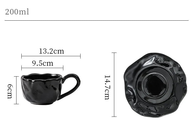200ml Black Red Macaroon Creative Hand Squeezed Pinched Ceramic Coffee Mug Cup With Saucer For Cafe Restaurant Table Decor 1 PC