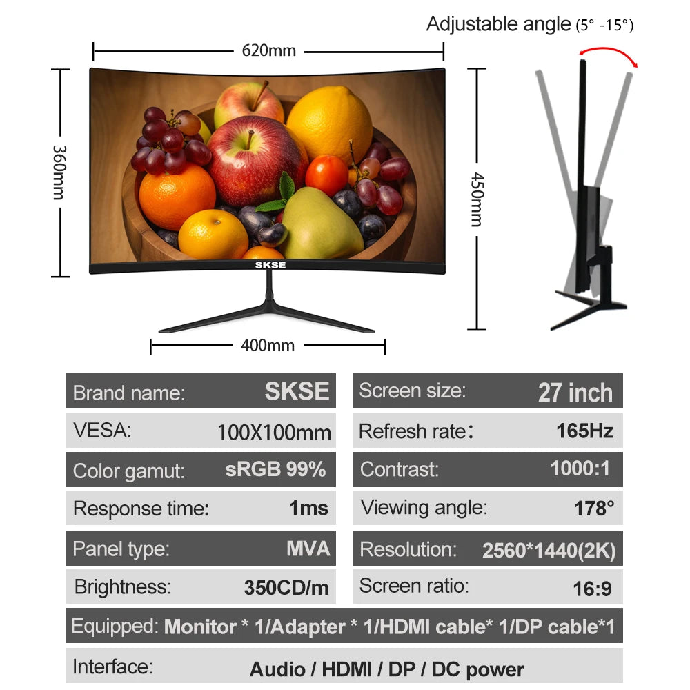 SKSE 27 Inch 2K Monitor 165HZ Display LED 1800R Curved Screen Computer Gaming Monitor PC HD DP/HDMI Interface 2560*1440