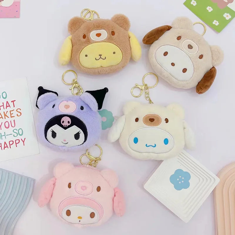 Sanrio Kuromi Plush Keychain Wallet Melody Cinnamoroll Plushies Coin Purse Earphone Organizer Bag Pendant Key Ring Girls Gifts