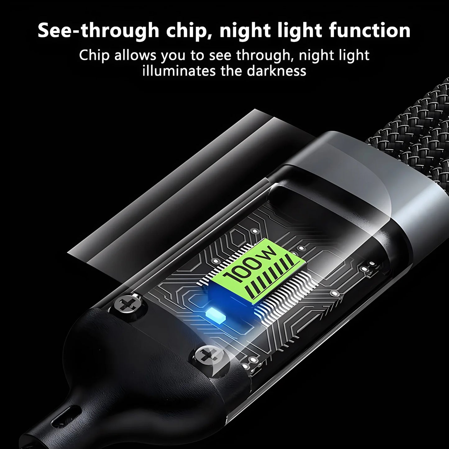 Transparent LED Light Fast Charge 100w 3 In 1 Data Cable Mobile Phone Charging 1.2M Cable For Type-c Android