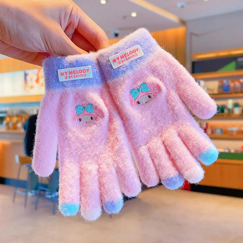 Sanrio Gloves Kawaii My Melody Kuromi Cold-Proof Winter Finger Gloves Plush Screen Touch Warm Children Toddler Christmas Gifts