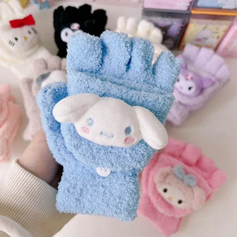 Sanrio Kuromi Childrens' Gloves Kawaii Hello Kitty Y2k Knitted Half-finger Flip Gloves Handwrite Melody Cartoon Cute Students'