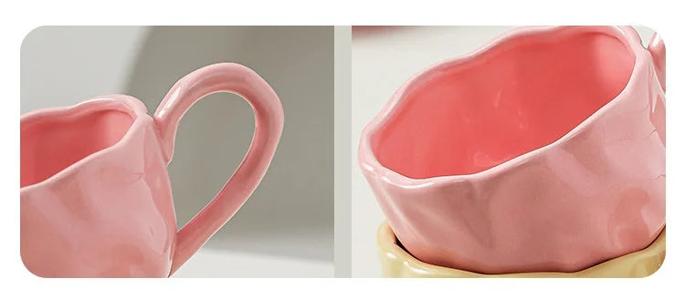 200ml Black Red Macaroon Creative Hand Squeezed Pinched Ceramic Coffee Mug Cup With Saucer For Cafe Restaurant Table Decor 1 PC