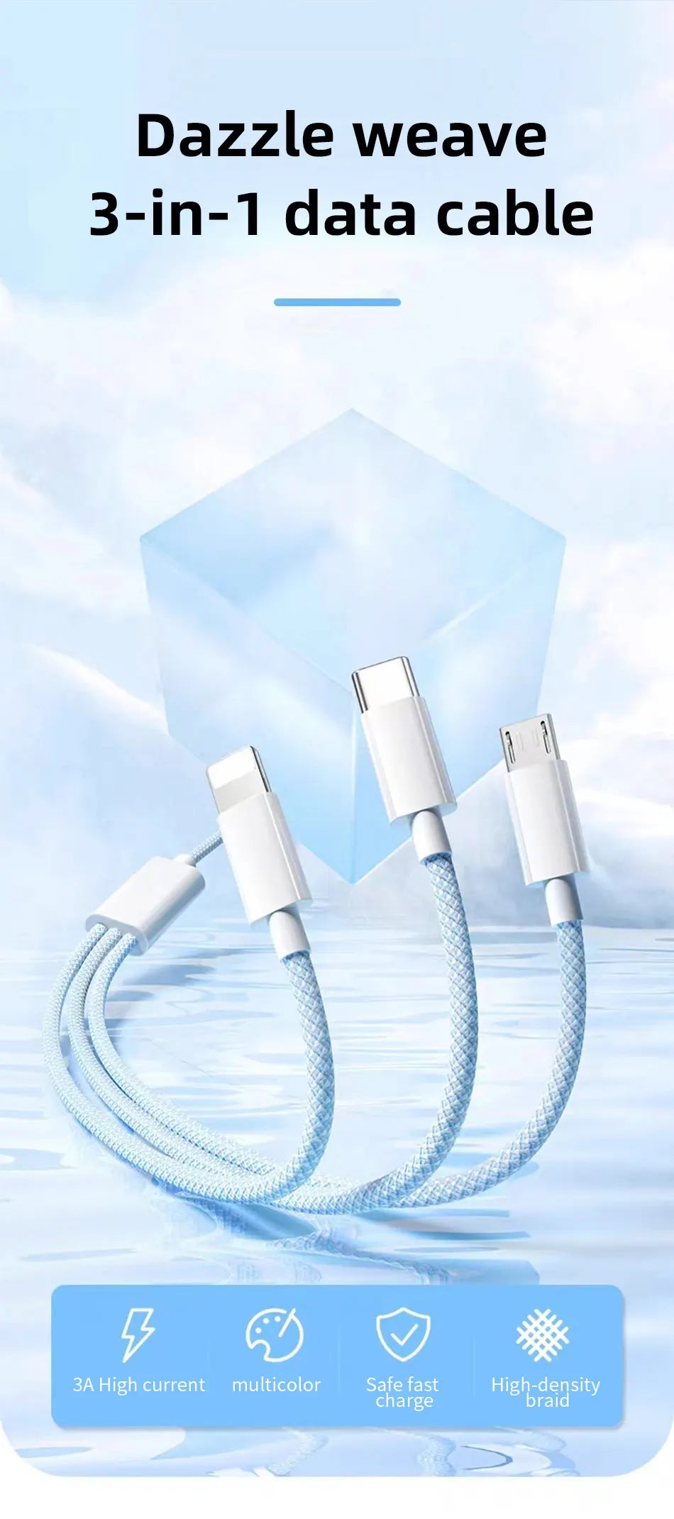 66W 3 In 1 Fast Charging Cable 6A Micro USB Type C Data Cable For Xiaomi Super Fast Charger Nylon Braid Cable 1.2M/2M/3M