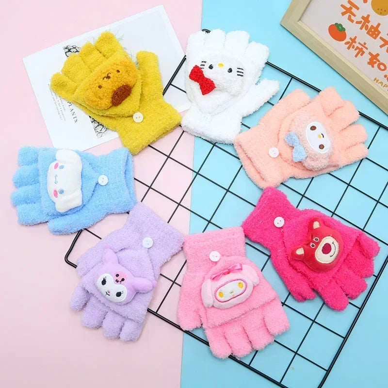 Sanrio Kuromi Childrens' Gloves Kawaii Hello Kitty Y2k Knitted Half-finger Flip Gloves Handwrite Melody Cartoon Cute Students'