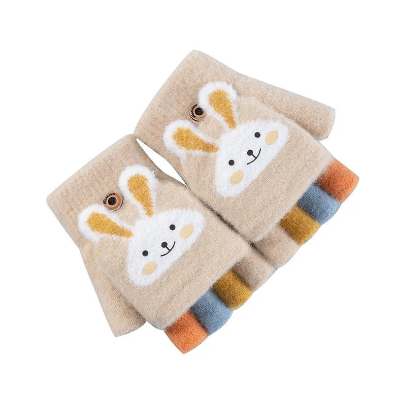 4-11 year old cartoon bunny five finger children's gloves winter thick half finger flip knitted gloves winter new warm gloves