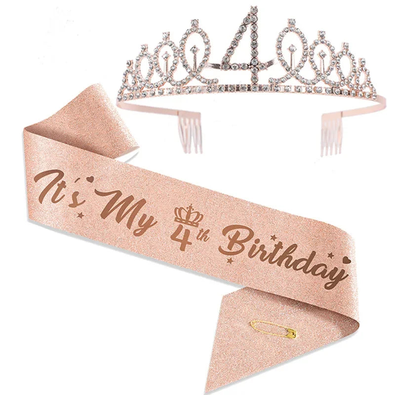 3 4 5 6 7 8 9 Rhinestone Crystal Crown Tiara Birthday Anniversary Decoration Happy Birthday Satin Sash Party Supplies