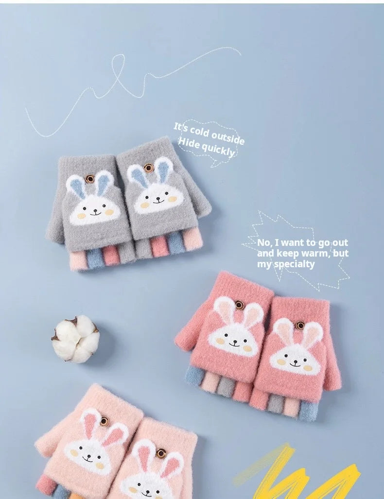 4-11 year old cartoon bunny five finger children's gloves winter thick half finger flip knitted gloves winter new warm gloves