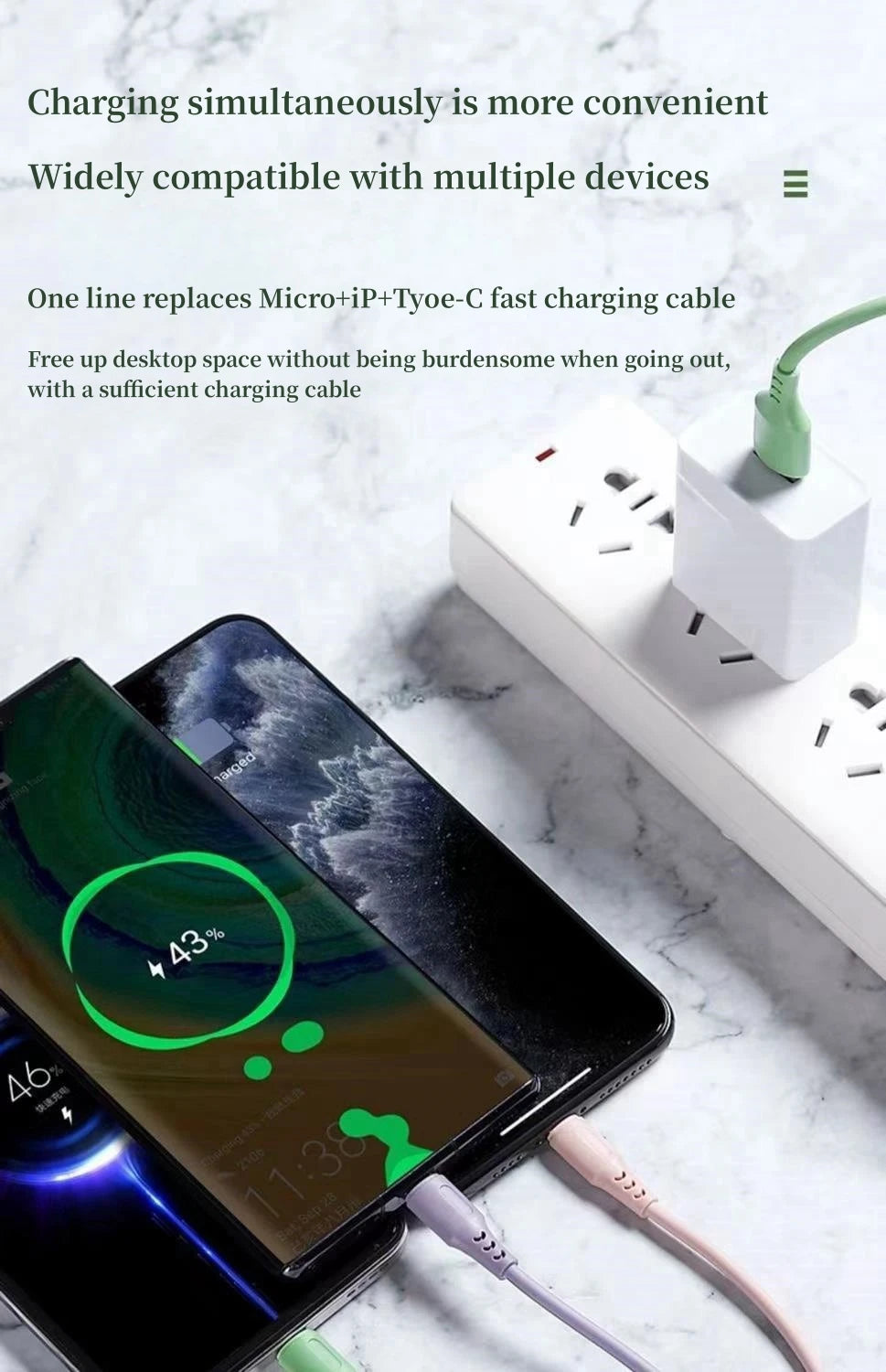 3 In 1  Fast Charging Cable For iPhone15 14 13 12 11 X Pro Max Micro USB Type-C Phone Charger USBC Data Cable