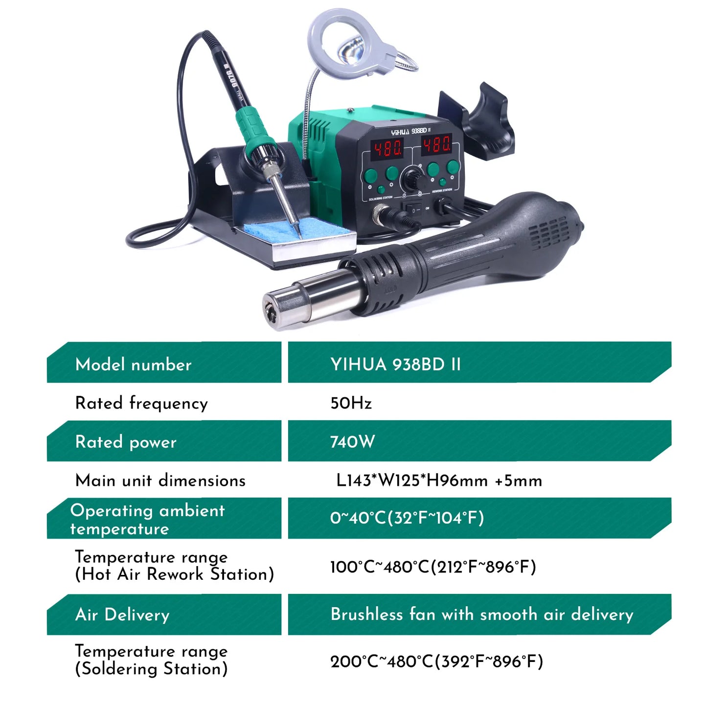 YIHUA 938BD-II 740W Hot Air Gun BGA Rework Station SMD Soldering Iron Desoldering Station LED Lamp Digtal Display Welding Tool