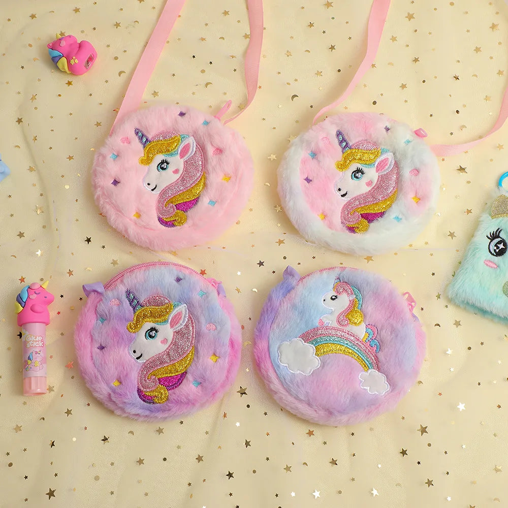 2 PC Cartoon Unicorn Crossbody Bag Children Cute PlushShoulder Bag Girls Small Backpack Suitable For School Holiday Gifts