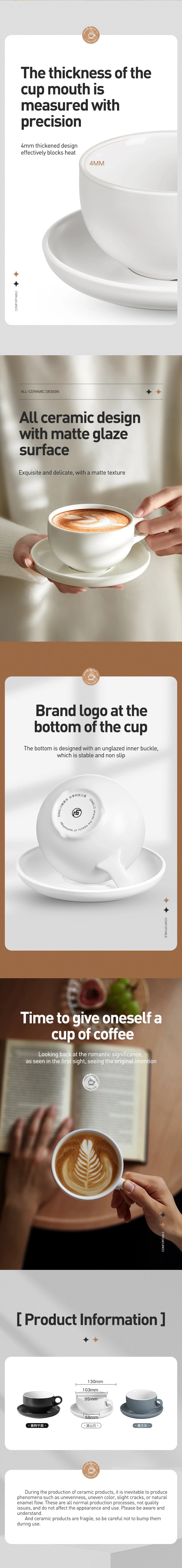 SIMELO 300ml Ceramic Coffee Cup with Saucer Set Professional Barista Latte Mug Featuring Handle for Enhanced Grip