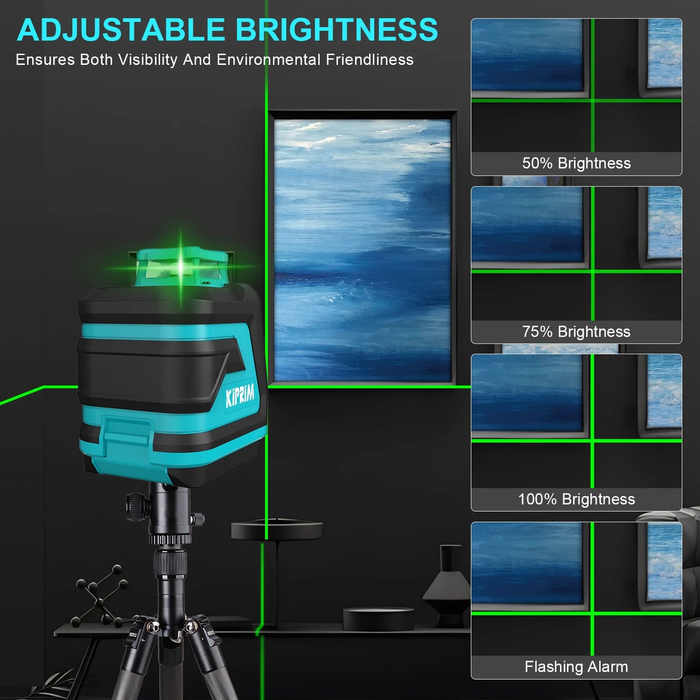 Kiprim Laser Level 2 Lines/5 Lines 360 Automatic Leveling Level Construction Tool Equipment Green Light Professional Cross Laser