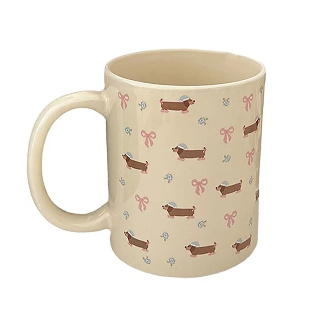 340ml Korean Style Cute Dachshund Pattern Ceramic Mug With Handle Coffee Cup Oatmeal Breakfast Mug Kitchen Drinkware