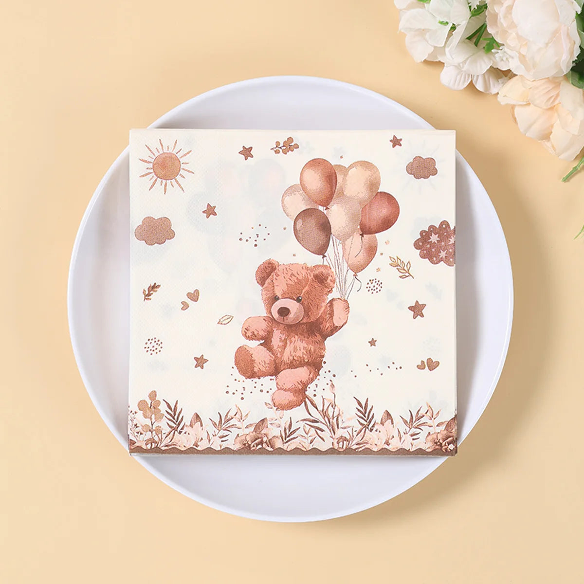 20/24pcs Disposable Tableware Brown Teddy Bear Balloon Paper Napkin Happy Birthday Party Decor Kid Boy Girl Baby Shower Supplies