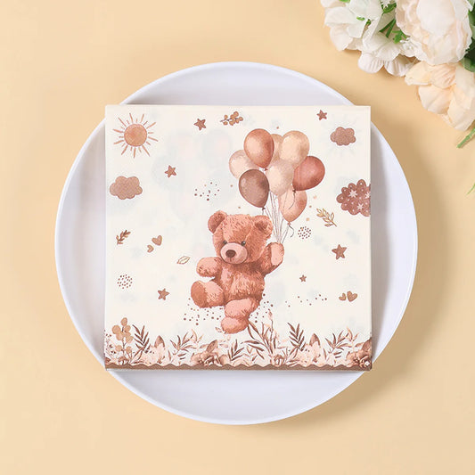 20/24pcs Disposable Tableware Brown Teddy Bear Balloon Paper Napkin Happy Birthday Party Decor Kid Boy Girl Baby Shower Supplies
